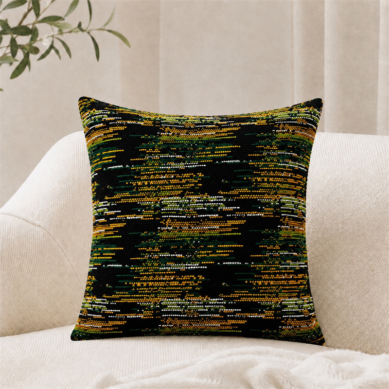 Black Green Textured Woven Cushion Cover