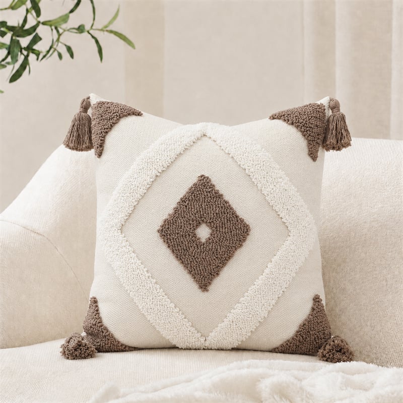 Elfenbein-Brauner gepolsterter Rauten-Kissenbezug mit Quasten im Boho-Stil