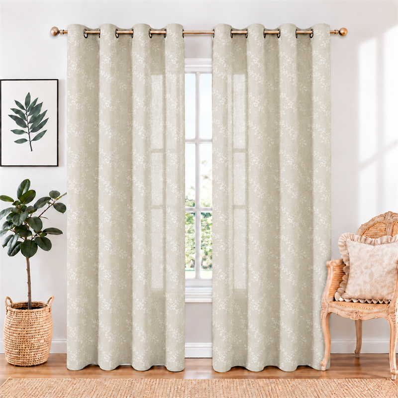 White Floral Linen-Look Embroidered Sheer Curtains