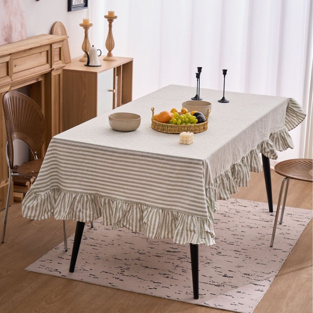 Nappe à volants en mélange de coton à rayures vertes