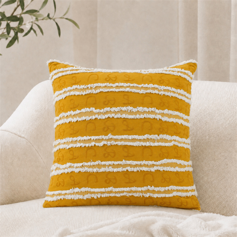 Mustard Yellow Boho Tufted Fringe Stripe Pure Cotton Cushion Covers
