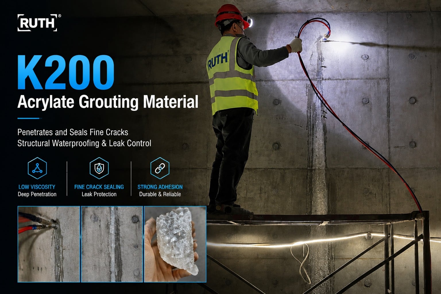 RUTH K200 acrylate grouting material used for tunnel waterproofing and fine crack injection