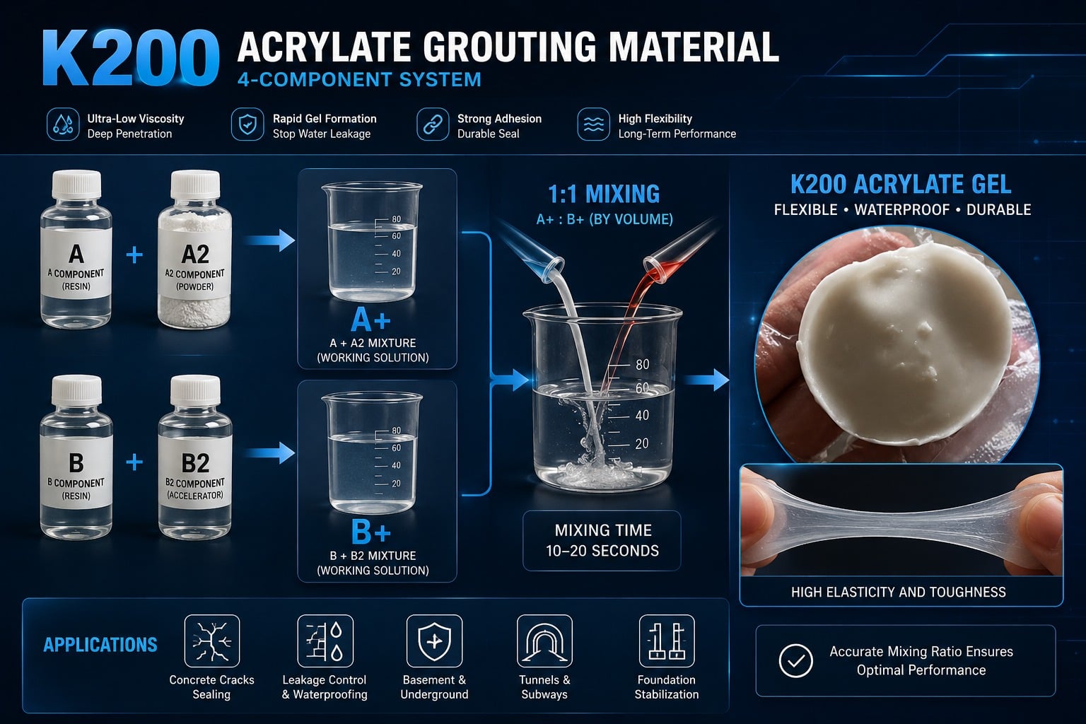 K200 acrylate grouting material four-component preparation and 1-to-1 injection mixing process