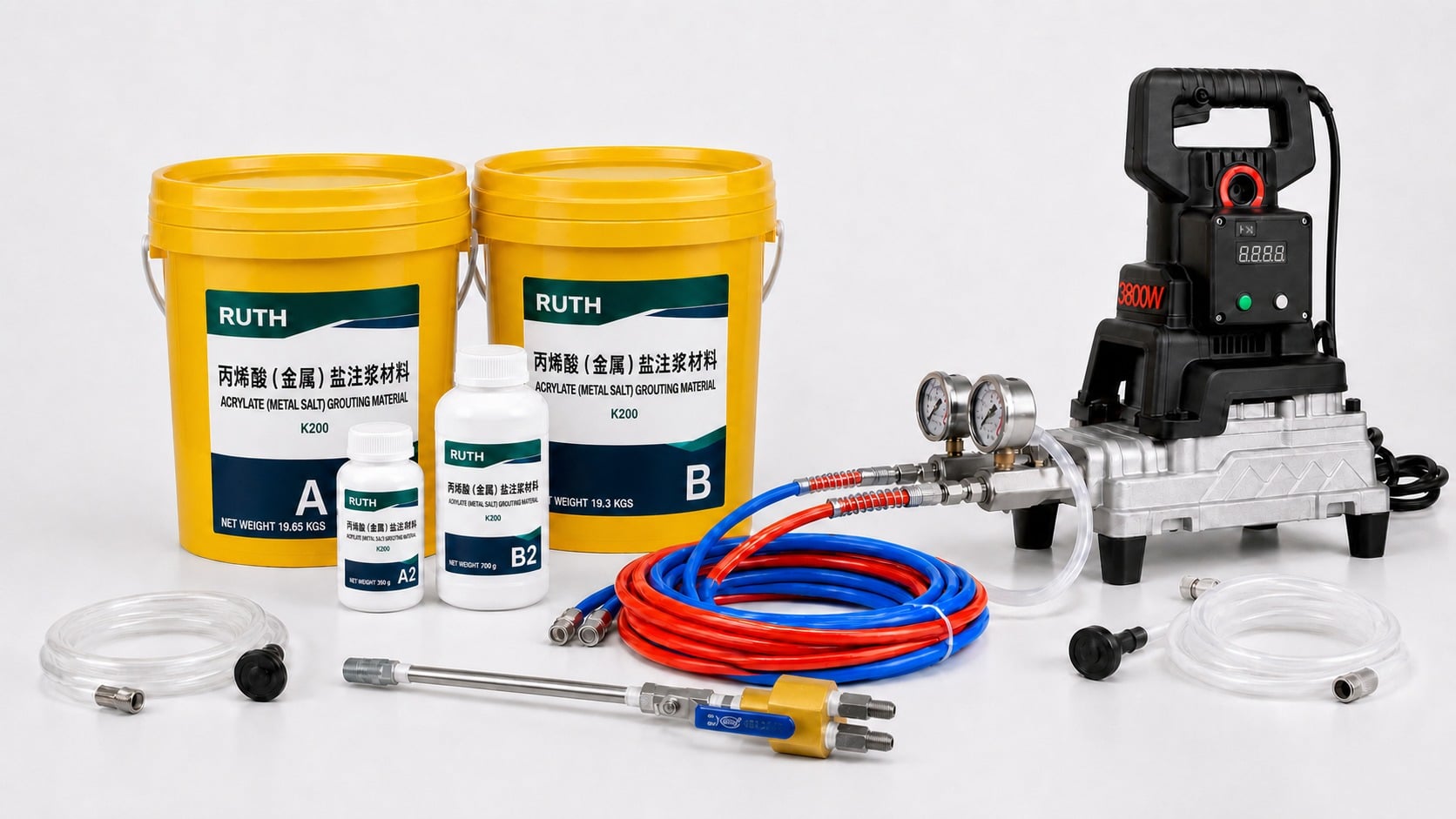 RUTH K200 acrylate grouting material with double-liquid injection pump, hoses and mixing accessories