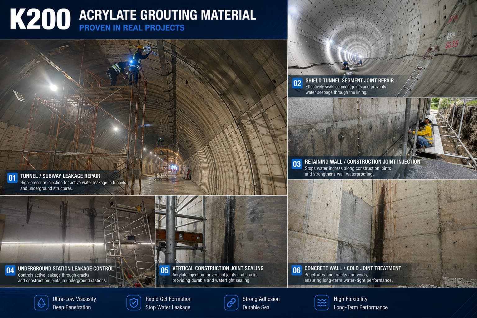 K200 acrylate grouting material four-component preparation and 1-to-1 injection mixing process