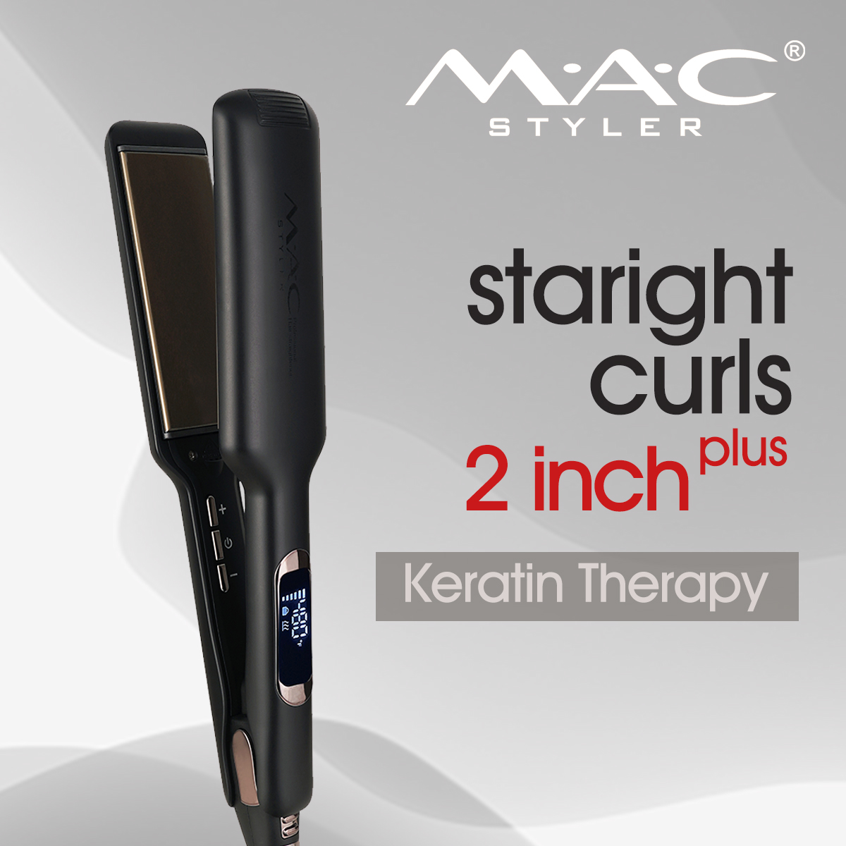 MAC Styler MC-5584 Professional Hair Straightener & Curler – 2-Inch Wide Titanium Plate, 45s Rapid Heat, Constant Temperature, Button Control, LCD Display, Keratin Therapy, Matte Black