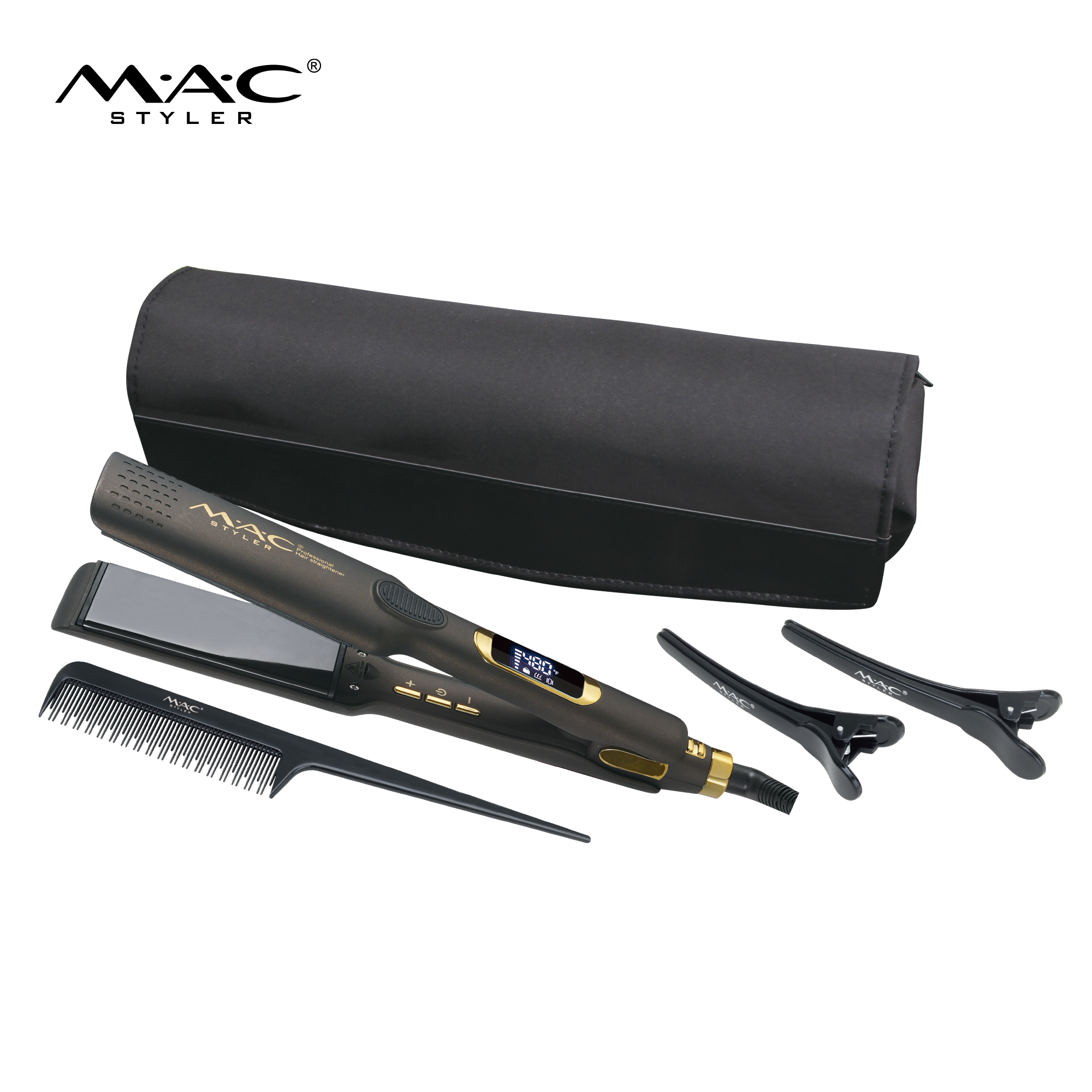 MAC Styler MC-5626 1.7" Extra-Wide Nano Titanium Salon Flat Iron Set – MAX 480°F Digital Heat, Slanted Blue LCD, Heavy-Duty Keratin Smoothing Set with Pouch, Comb & Clips, CE ROHS, OEM ODM