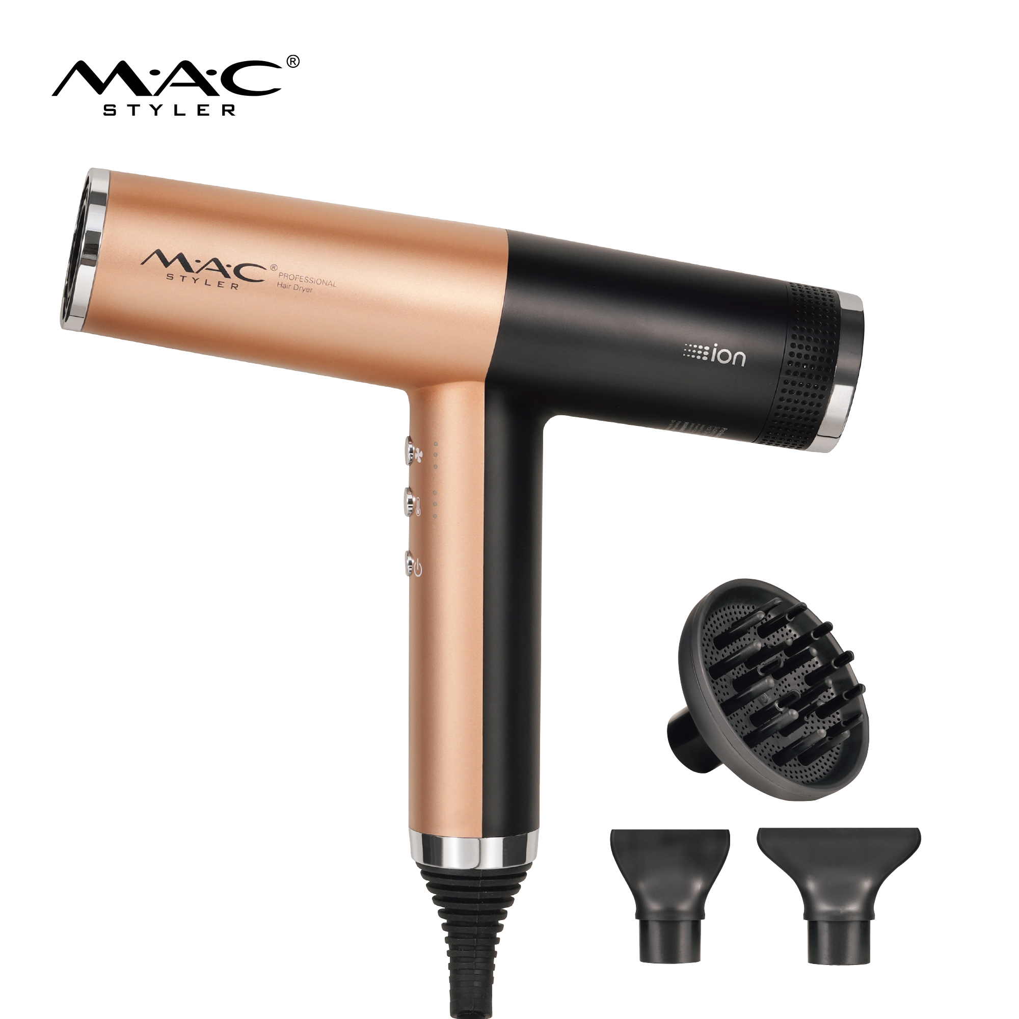 MAC Styler MC-6810 1800W Ion Hair Dryer – 110,000 RPM High-Speed Motor, 3 Attachments