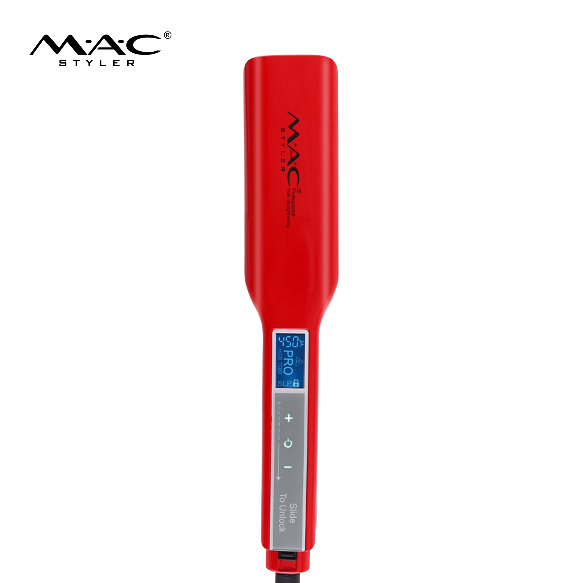 MAC Styler MC-2028 LED Touch Smart Professional Hair Straightener – Ferrari Red Gloss Finish, 450°F Digital Temperature LCD, Slide-to-Unlock Touch Control, Wide Floating Ceramic Plates, 360° Swivel Cord, CE ROHS, OEM ODM