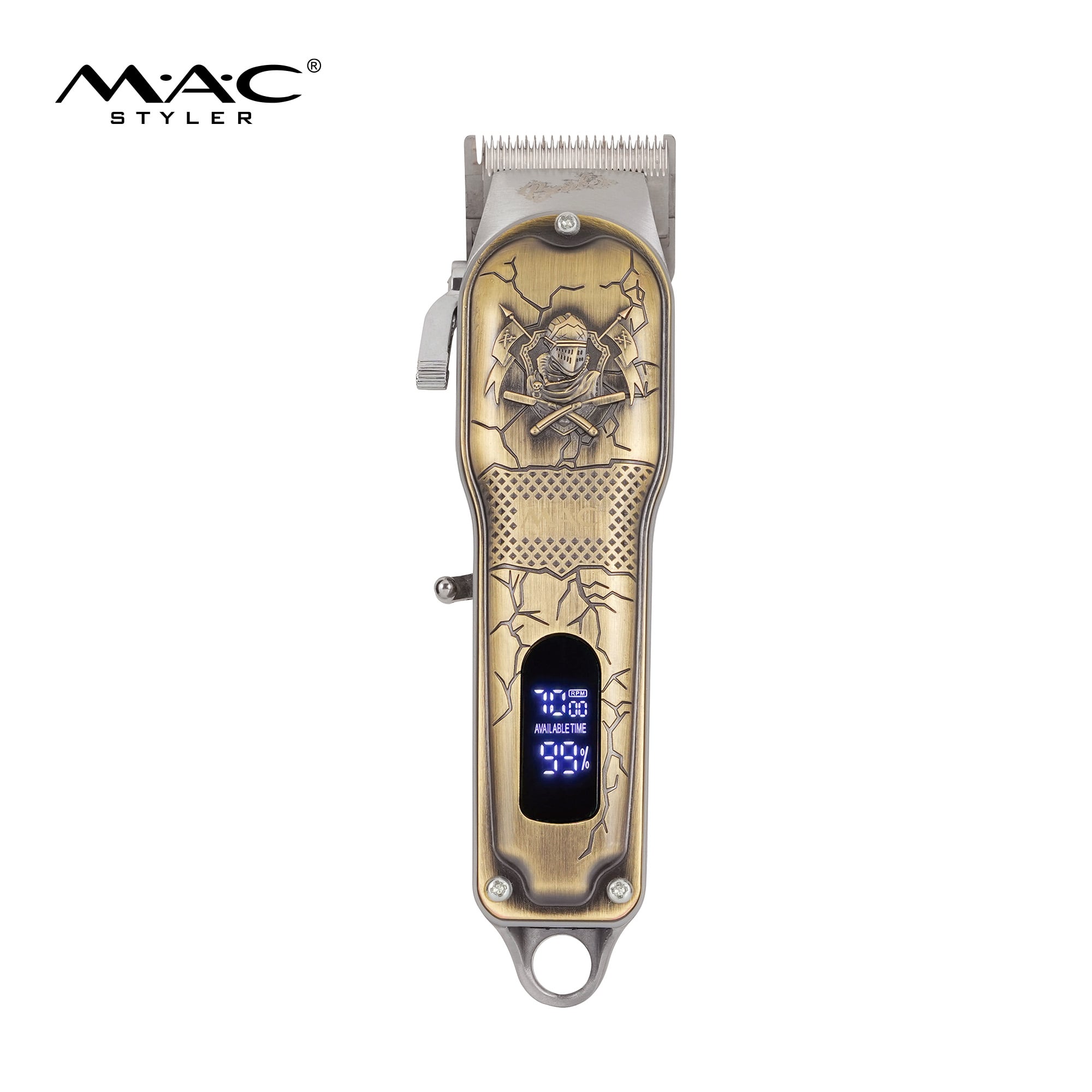 MAC Styler MC-5835 LED Smart Professional Hair Clipper – High Motor, Antique Bronze Warrior Engraving, LED RPM Available Time Battery Display, Stainless Steel Blade, Long Short Adjusting Rods, USB Rechargeable, CE ROHS, OEM ODM