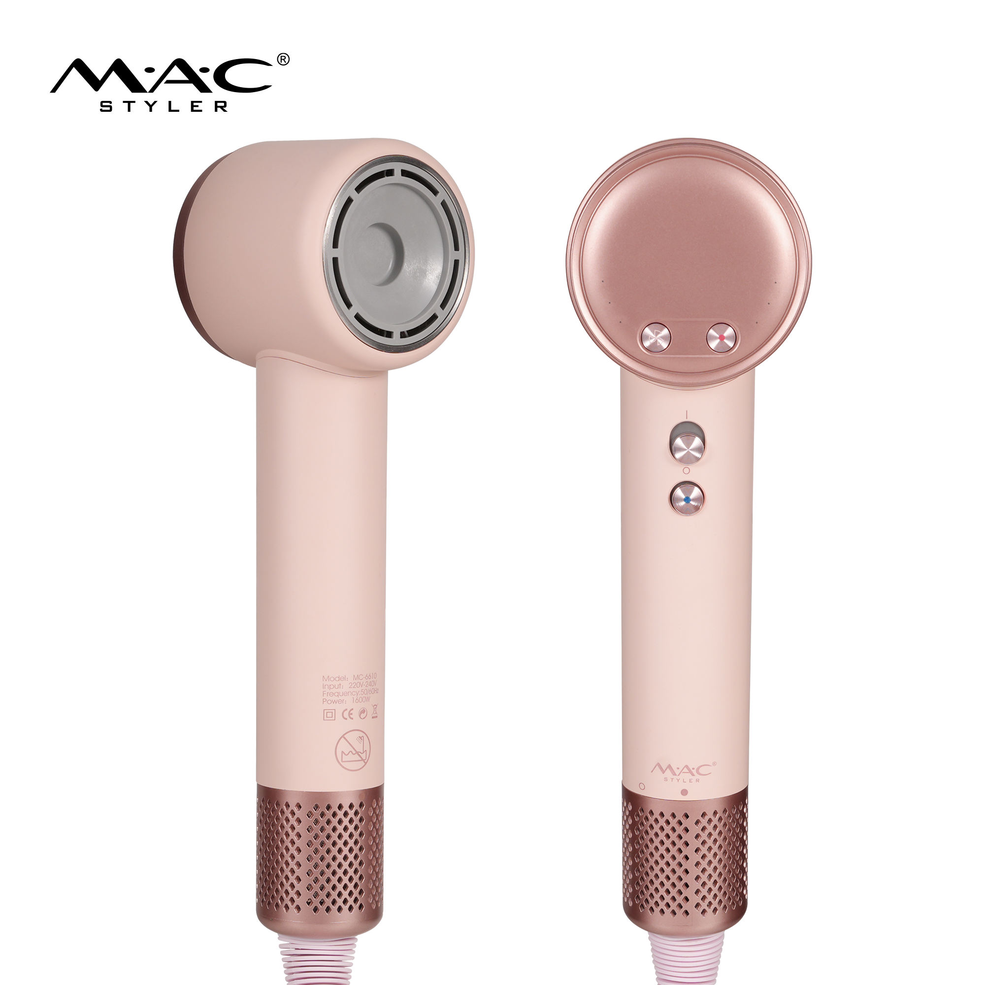 MAC Styler MC-6610 1600W Ion Hair Dryer – Dial Control, 3-Speed 3-Temp LED, Rose Gold Design