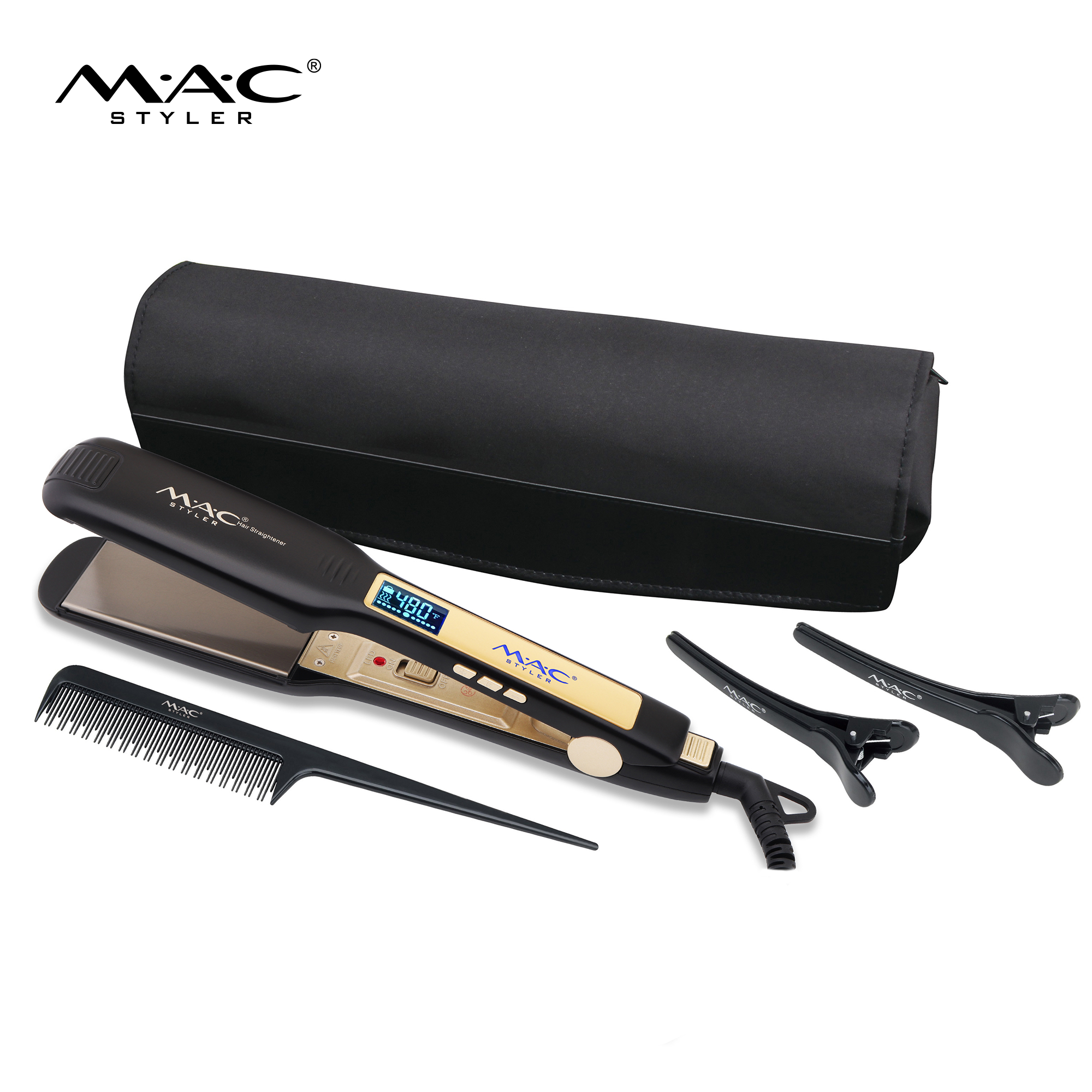 MAC Styler MC-5517 Nano Titanium Professional Salon Straightener Set – 1" Mirror Gold Titanium Plates, MCH Fast Heat 480°F, Luxury Travel Pouch & Styling Clips, 60-Min Auto Shut-off, CE ROHS, OEM ODM