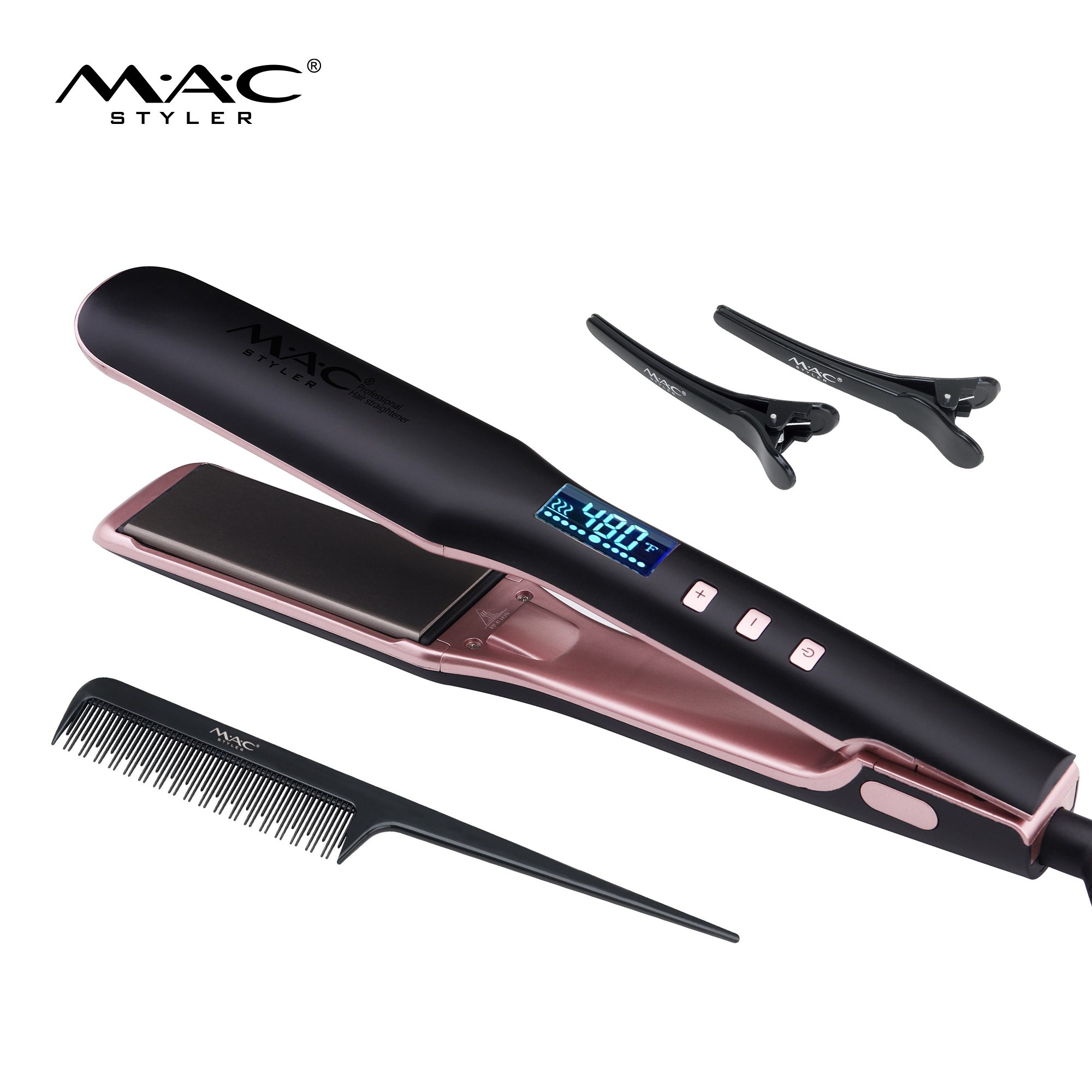 MAC Styler MC-5529 2-in-1 Styling Tool Wide Plate Hair Straightener – Rose Gold & Matte Black, 480°F / 250°C LCD Display, Titanium Floating Plates, Comb & Clips Set, CE ROHS, OEM ODM