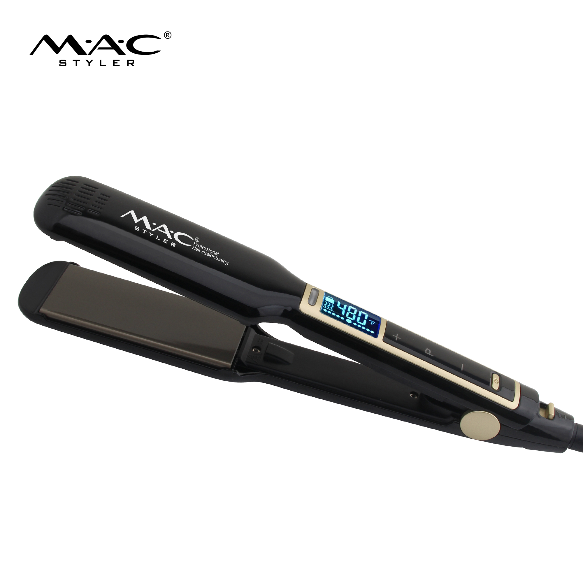 MAC Styler MC-2096 Ceramic Nano Titanium Professional Flat Iron – 480°F Digital Heat Control, High-Torque MCH Heating, Touch-Sensitive Interface, Piano Black & Champagne Gold, CE ROHS, OEM ODM