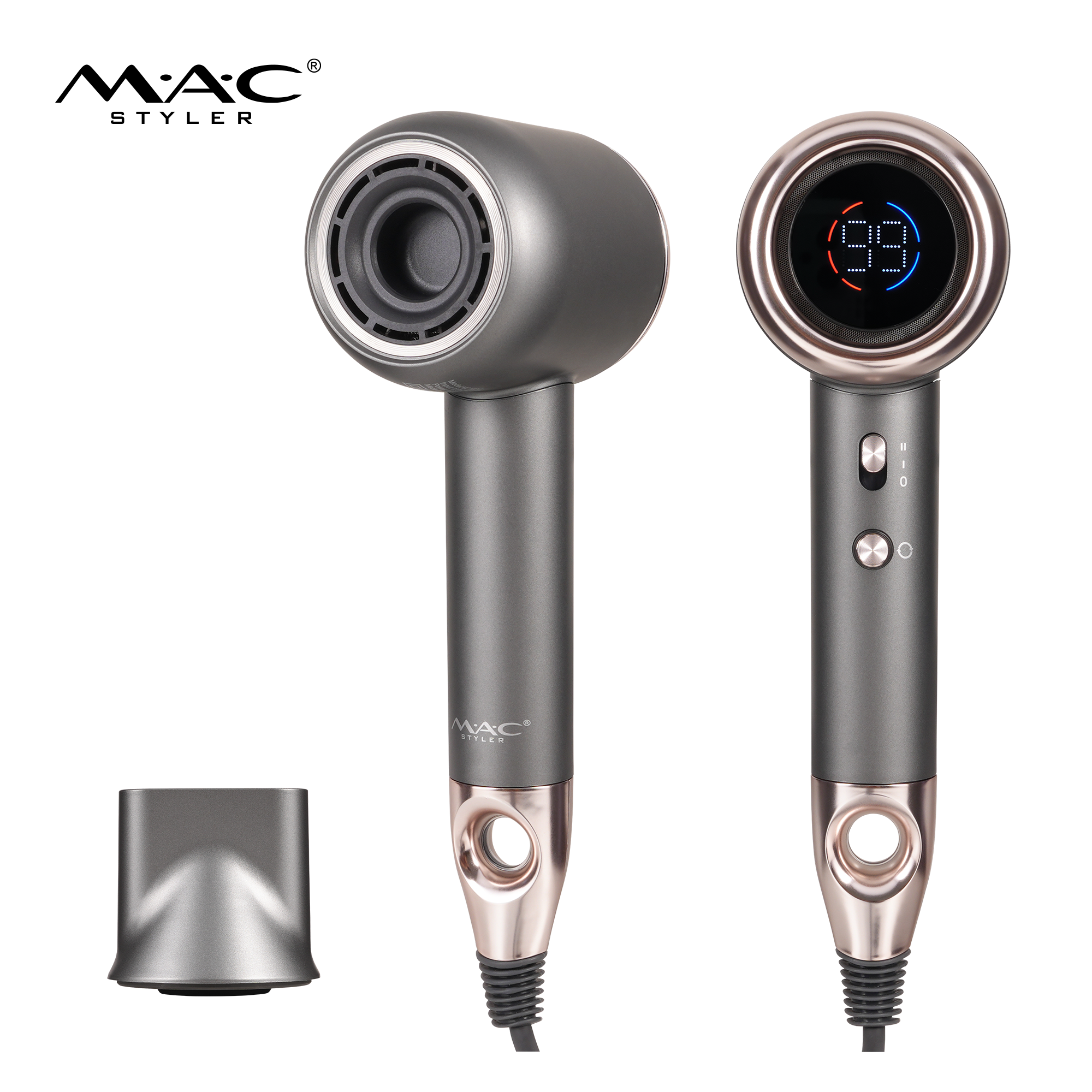MAC Styler H02 1800W Hair Dryer – LED Display, 5-Level Temp, Brushless Motor, Breathing Light