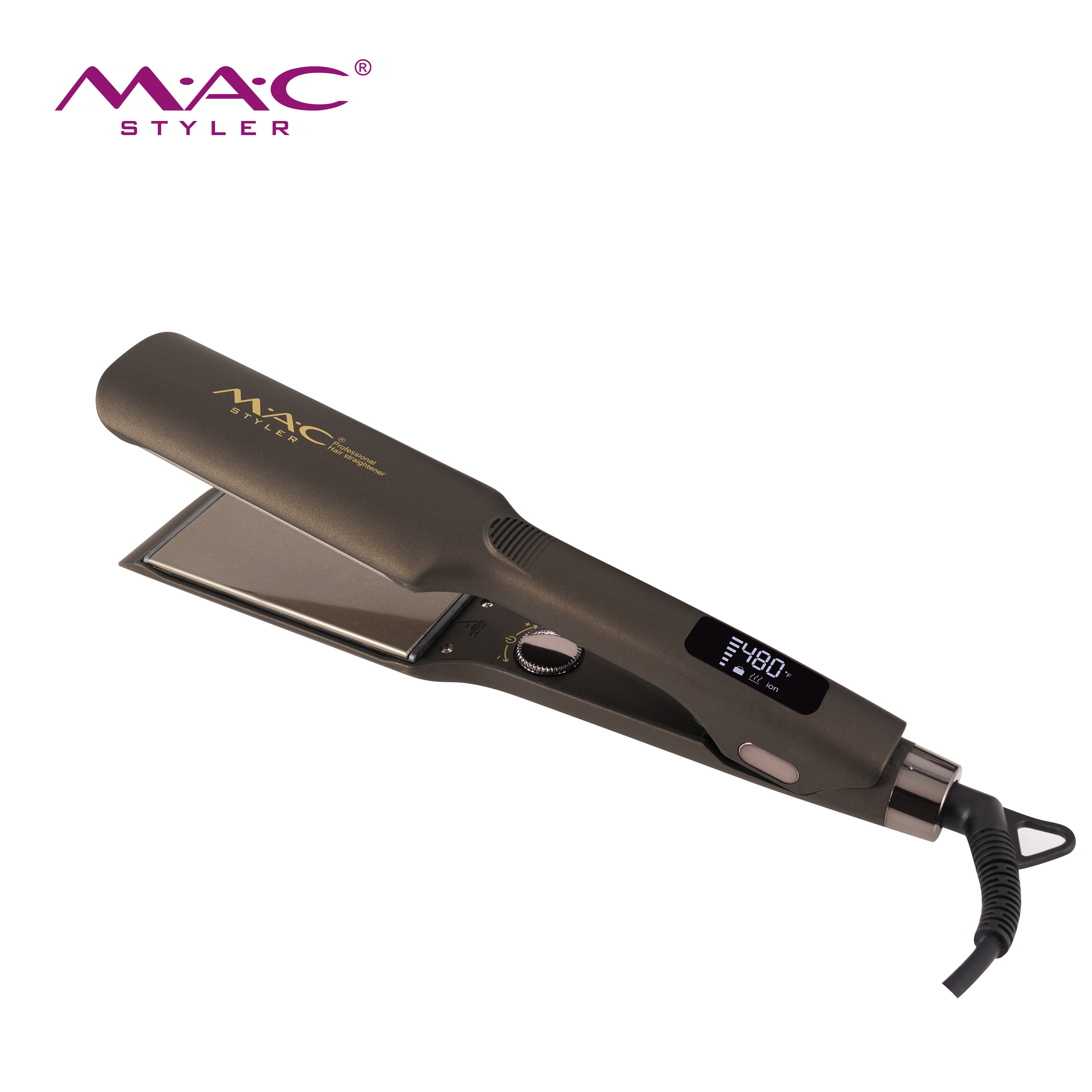 MAC Styler MC-5586 Professional Hair Straightener – 2-Inch Plus Titanium Plate, 45s Rapid Heat to 480°F, Turntable Control, Rotating Lock Buckle, LCD Display, Dark Bronze Metallic