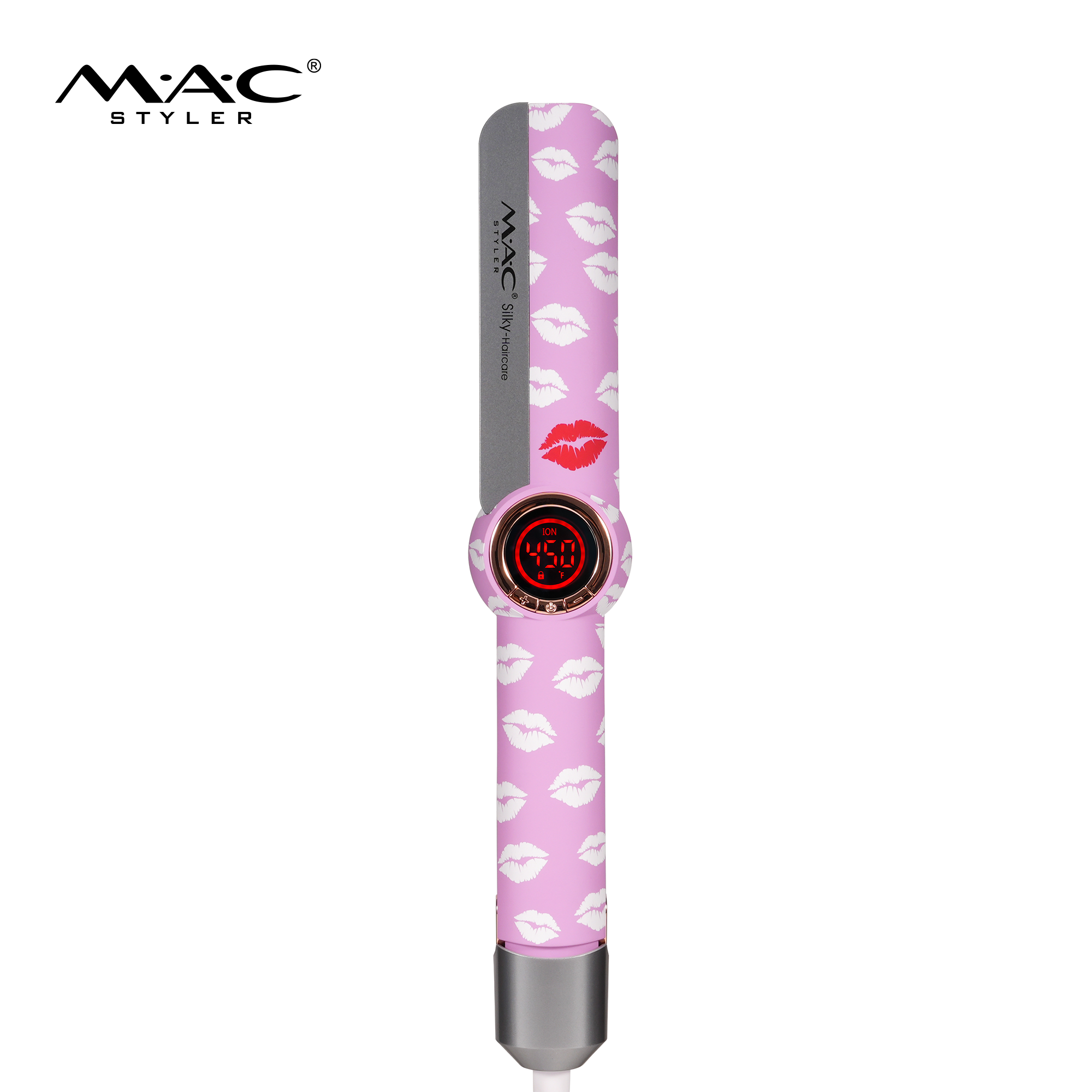 MAC Styler MC-56 Ionic Silky-Haircare Fashion Straightener – Kisses Pattern Print 4 Colors, Detangling Micro-Comb Teeth, Circular Red LED 450°F Display, Rotary Tail Lock, CE ROHS, OEM ODM