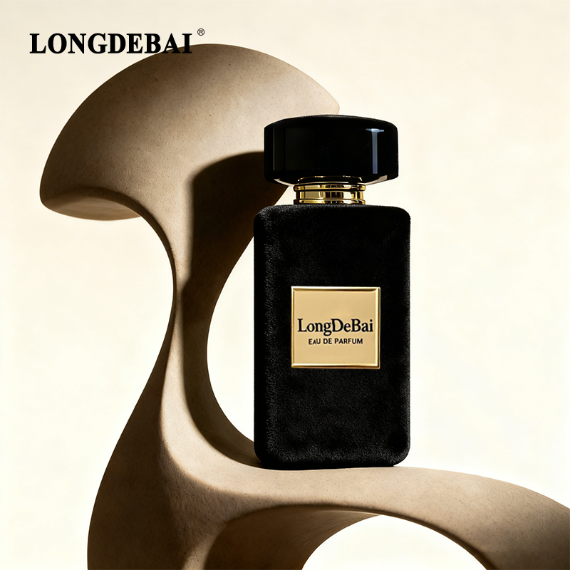 Cylindrical flocked glass perfume bottle with black gold bottle cap factory
