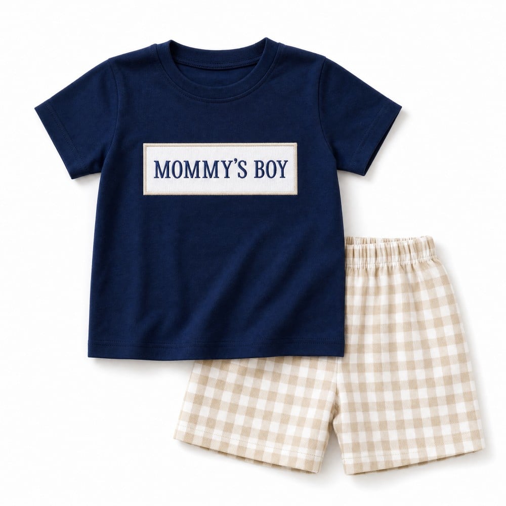Toddler Boy Mommys Boy Navy T-Shirt and Beige Gingham Shorts Boutique Set