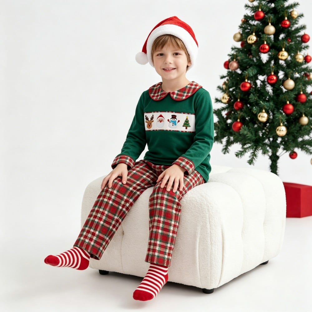 Christmas Embroidery Plaid Print Pant Peter Collar Boys Clothing Set