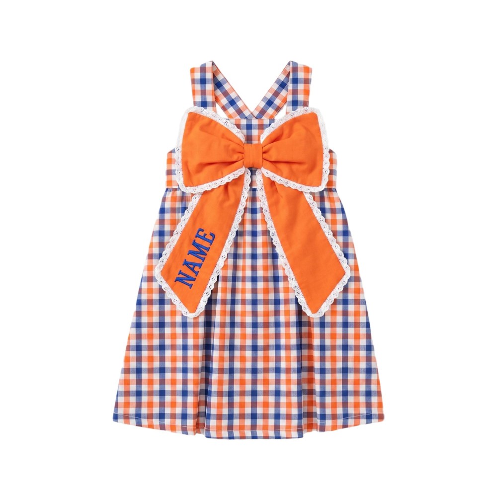 Football Team Embroidery Big Bow Gingham 100% Cotton Girls Dress