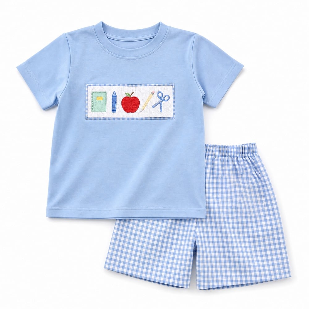Boys Back-to-School Smocked Embroidery T-Shirt & Gingham Shorts Set