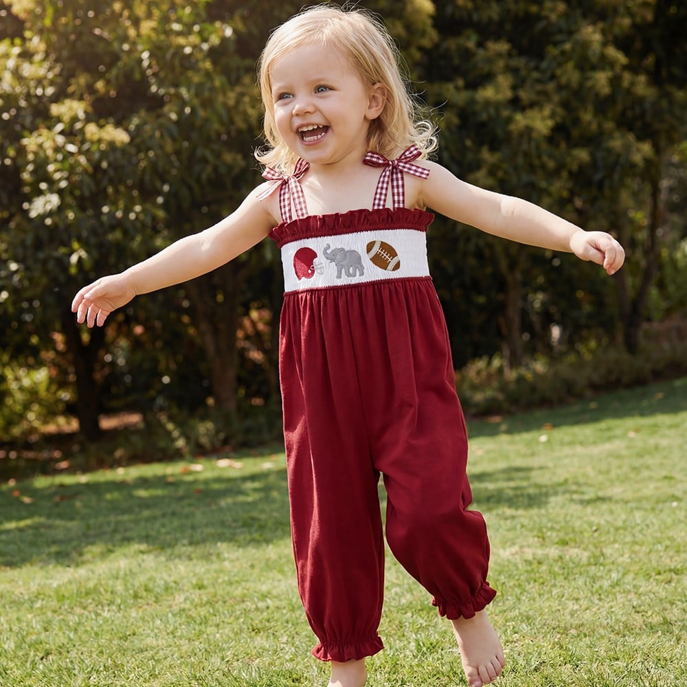 Football Smocked Embroidery Cozy Ruffle Baby Girls Jumpsuit Romper