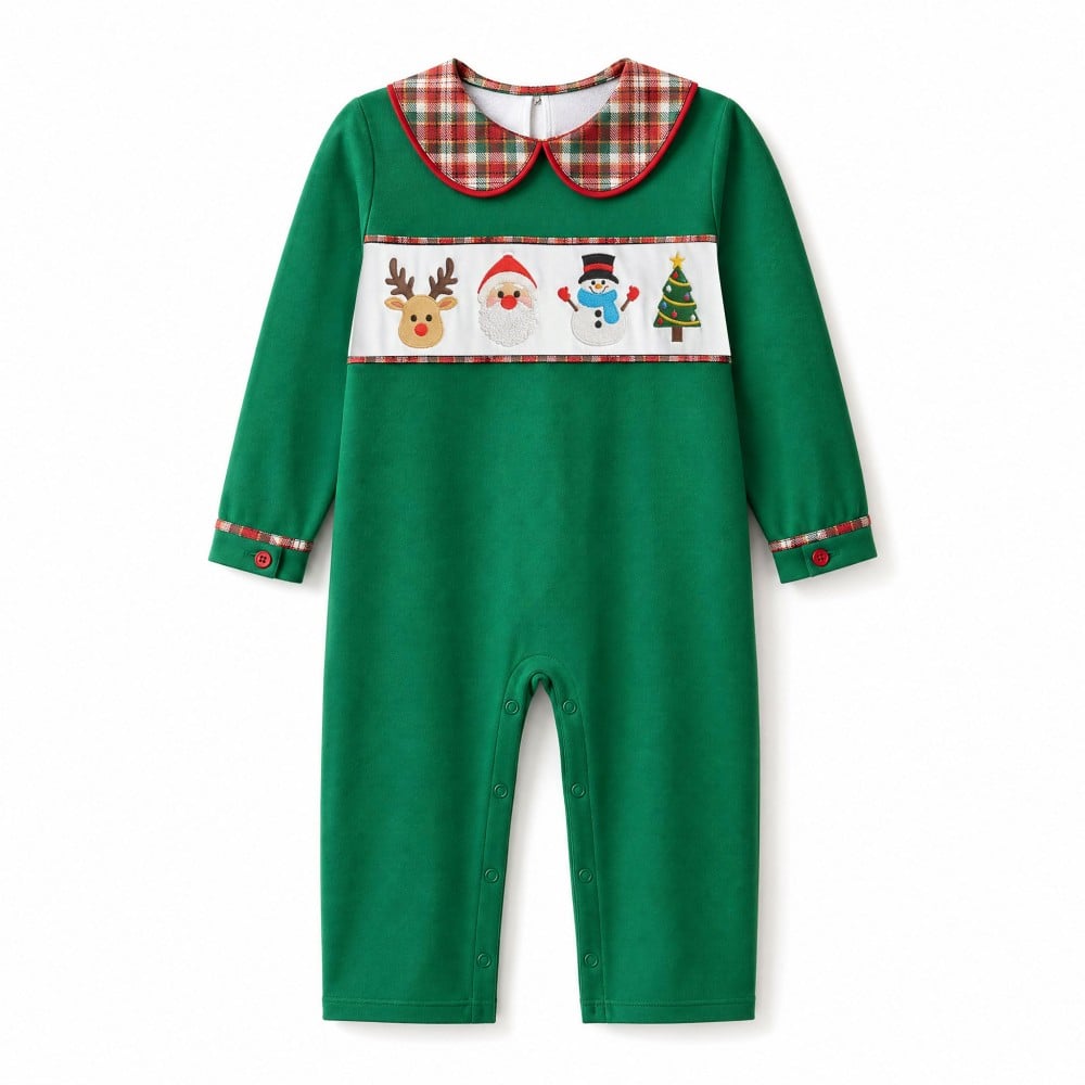 Christmas Embroidery Check Print Peter Collar Baby Boys Romper