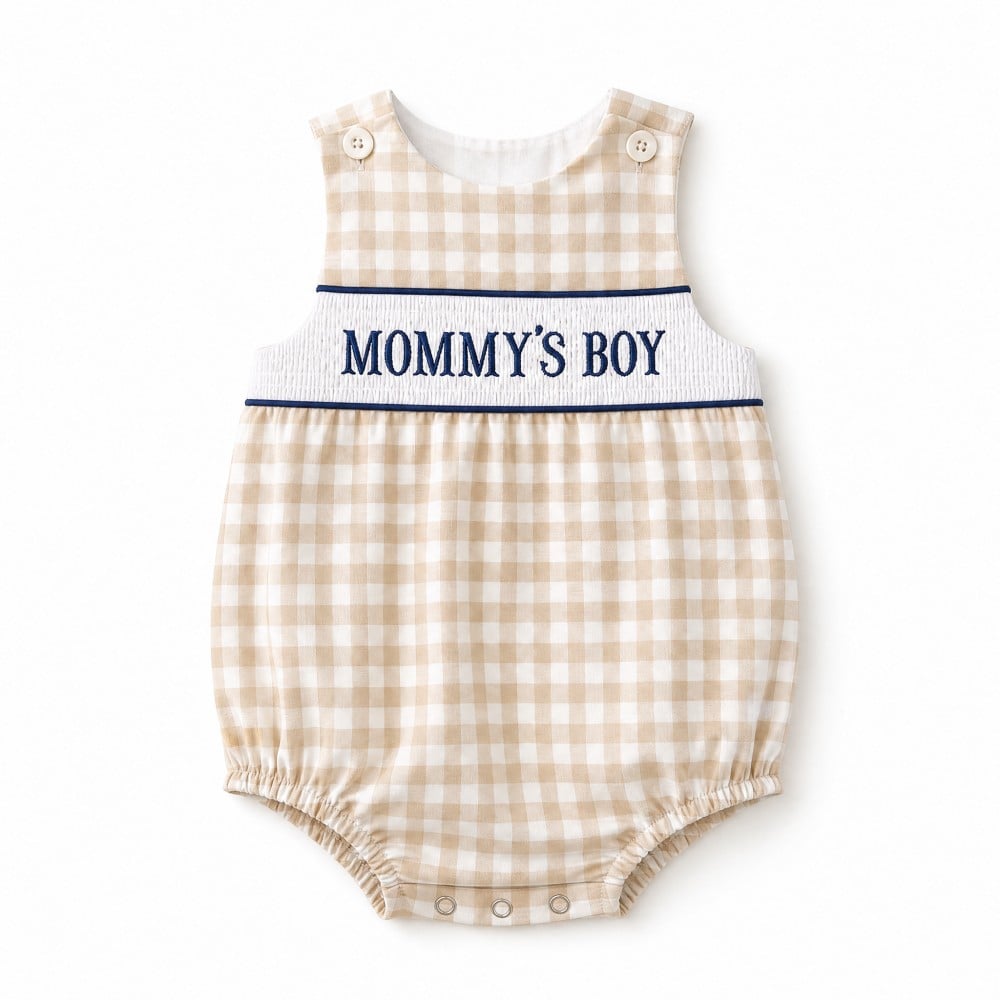 Baby Mother's Day Gingham Cotton Embroidered Boutique Boy Bubble Romper