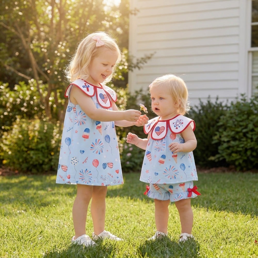 4th of July Print Petal Collar 100% Cotton Embroidery Girls Dress