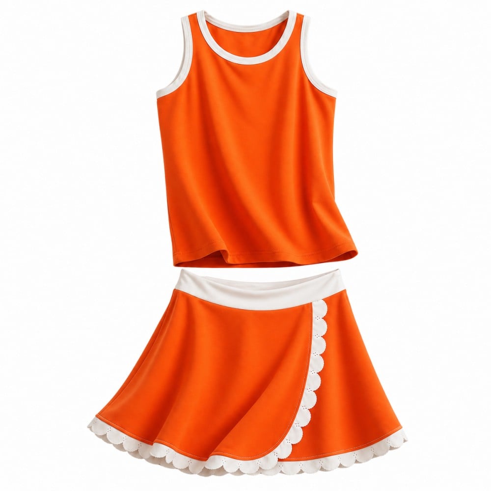 Girls Scalloped Tennis Skort Set Sleeveless Activewear Sports Outfit for Kids