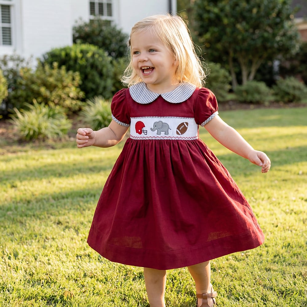Football Smocked Embroidery Peter Collar 100% Cotton Girls Summer Dress
