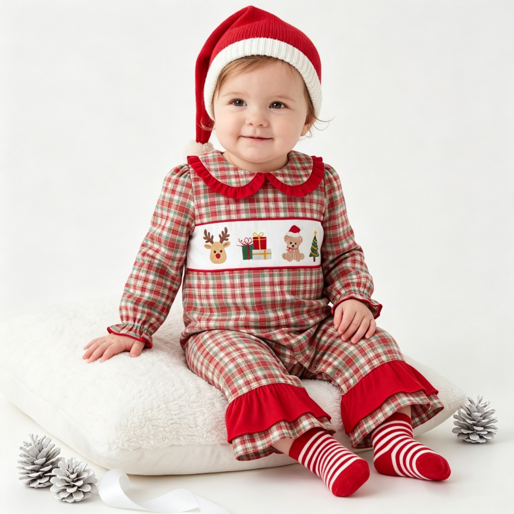 Christmas Embroidery Red Ruffle Peter Collar Baby Girl Jumpsuit Romper
