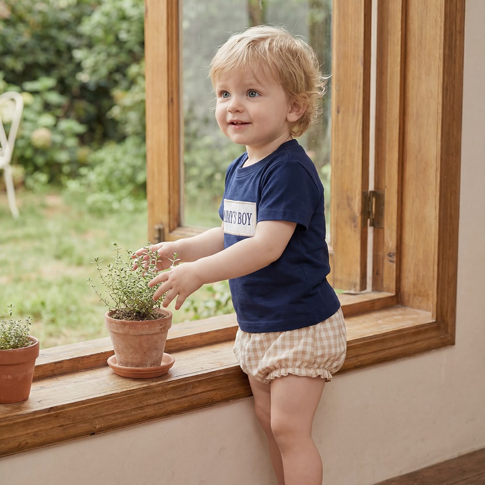 Baby Mommys Boy Navy Blue T-Shirt and Tan Gingham Bloomer Shorts Set