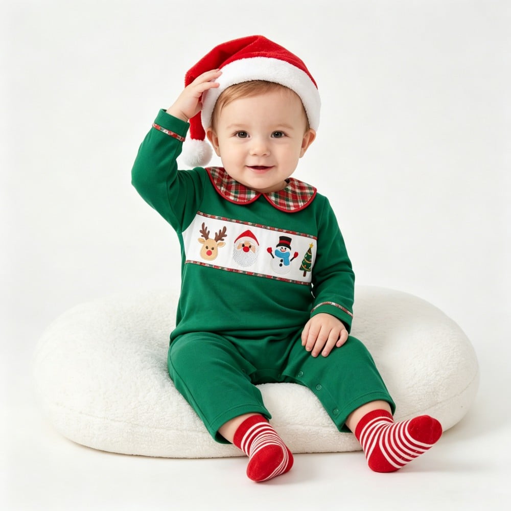 Christmas Embroidery Check Print Peter Collar Baby Boys Romper