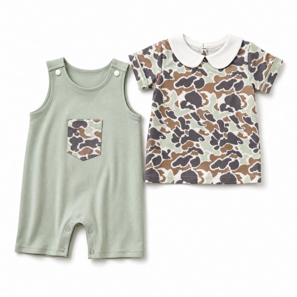 Baby Girl and Boy Camouflage Print Boutique Cotton Outfit Set With Peter Pan Collar