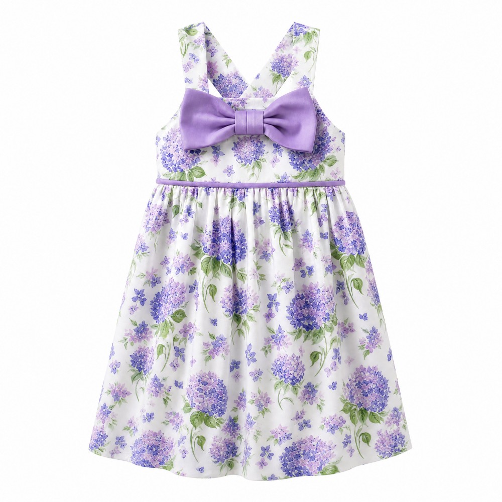 Girls Purple Floral Dress Elegant Cotton Boutique Outfit with Oversized Bow