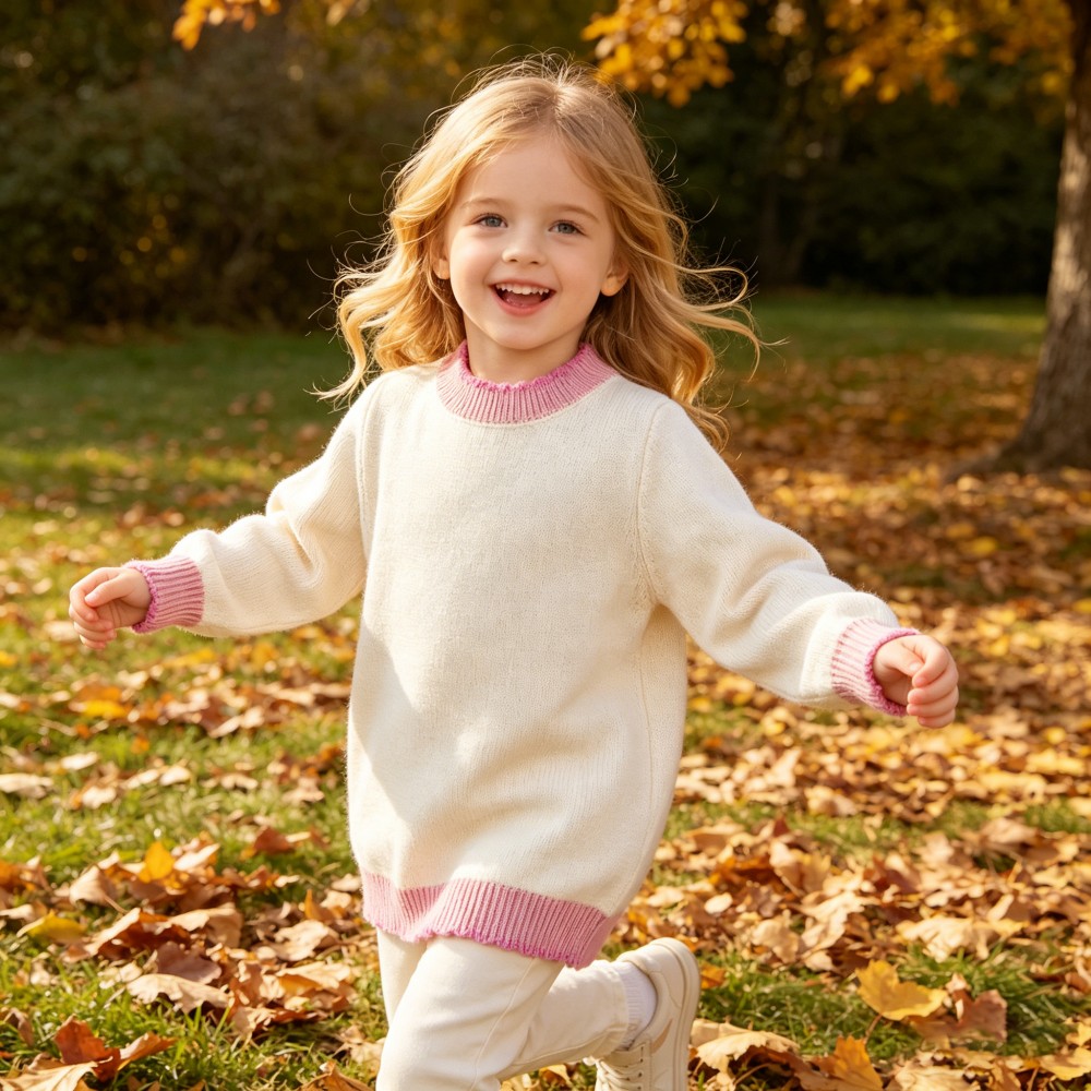 Girls Ivory Knit Sweater with Pink Scalloped Trim Soft Crew Neck Pullover