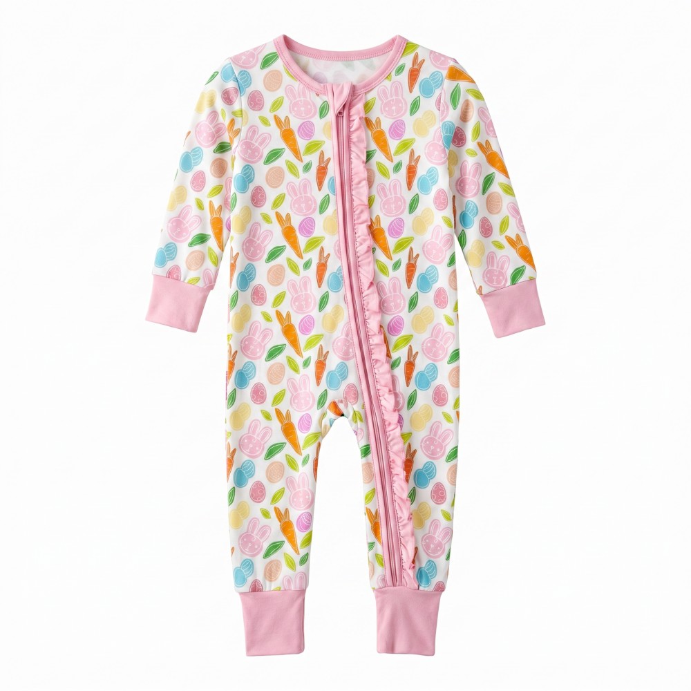 Easter Bunny Print Bamboo Viscose Zipper Pink Baby Pajama Romper 