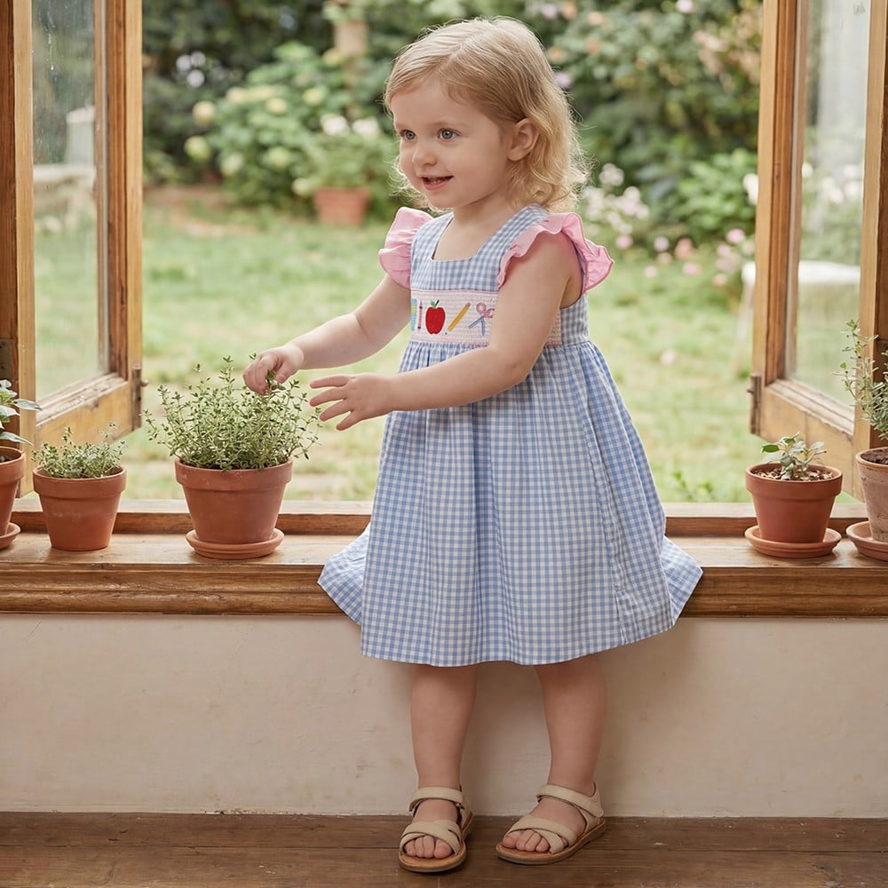 New Back-to-School Smocked Embroidery Gingham Girls Dresses with Flutter Sleeves