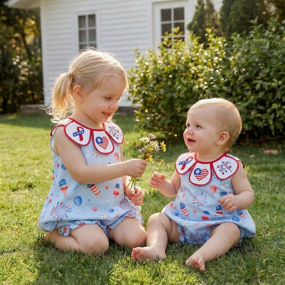 4th of July Embroidery Petal Collar 100% Cotton Baby Girls Romper