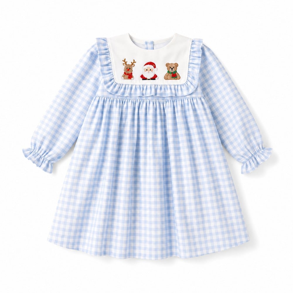 Girls Light Blue Gingham Christmas Dress Machine-Embroidered Festive Holiday Outfit