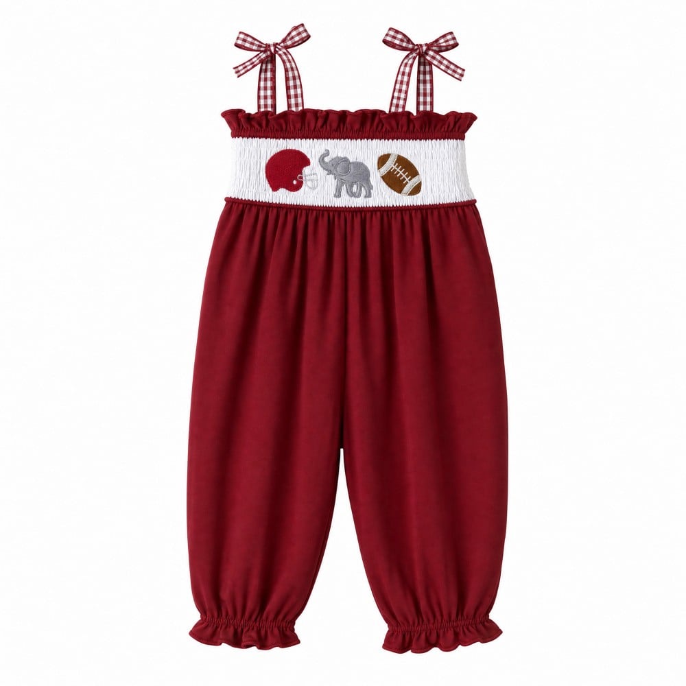 Football Smocked Embroidery Cozy Ruffle Baby Girls Jumpsuit Romper