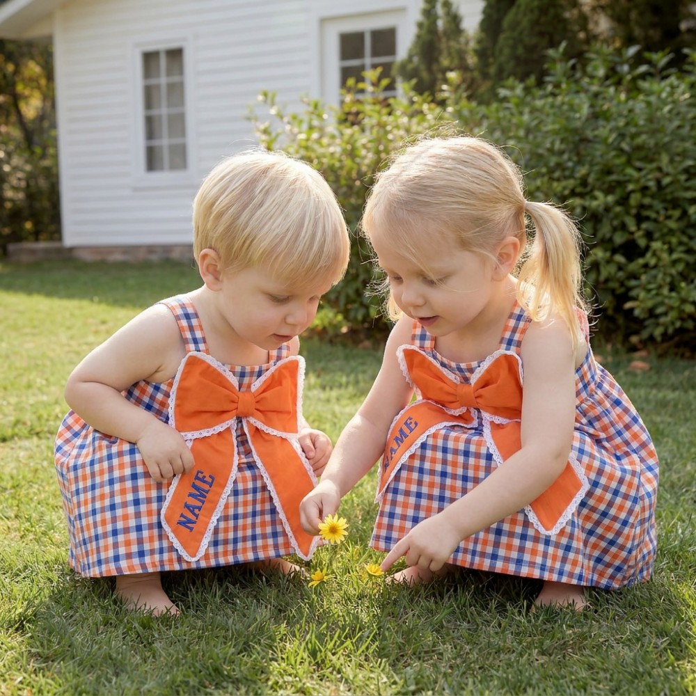 Football Team Embroidery Big Bow Gingham 100% Cotton Girls Dress