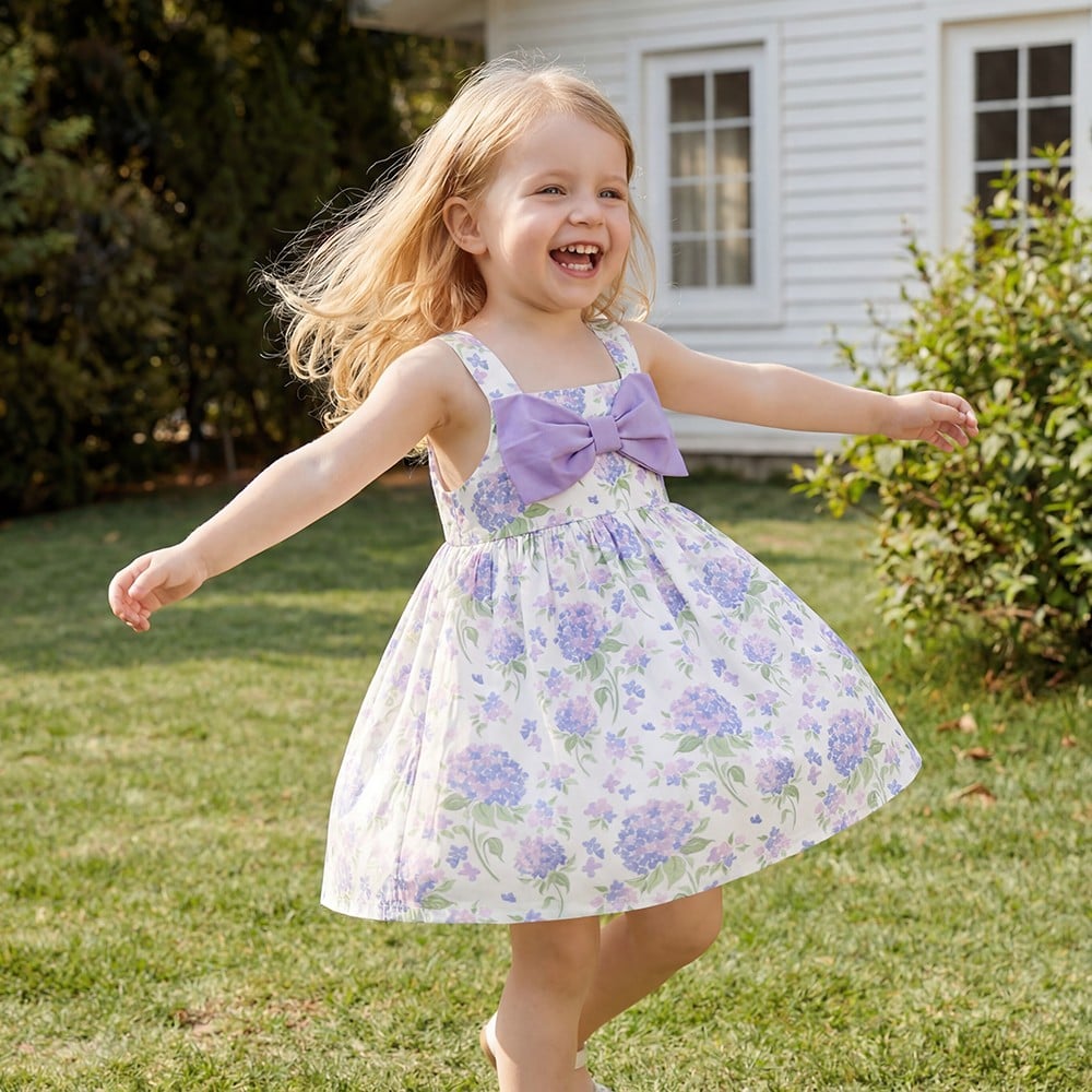 Girls Purple Floral Dress Elegant Cotton Boutique Outfit with Oversized Bow