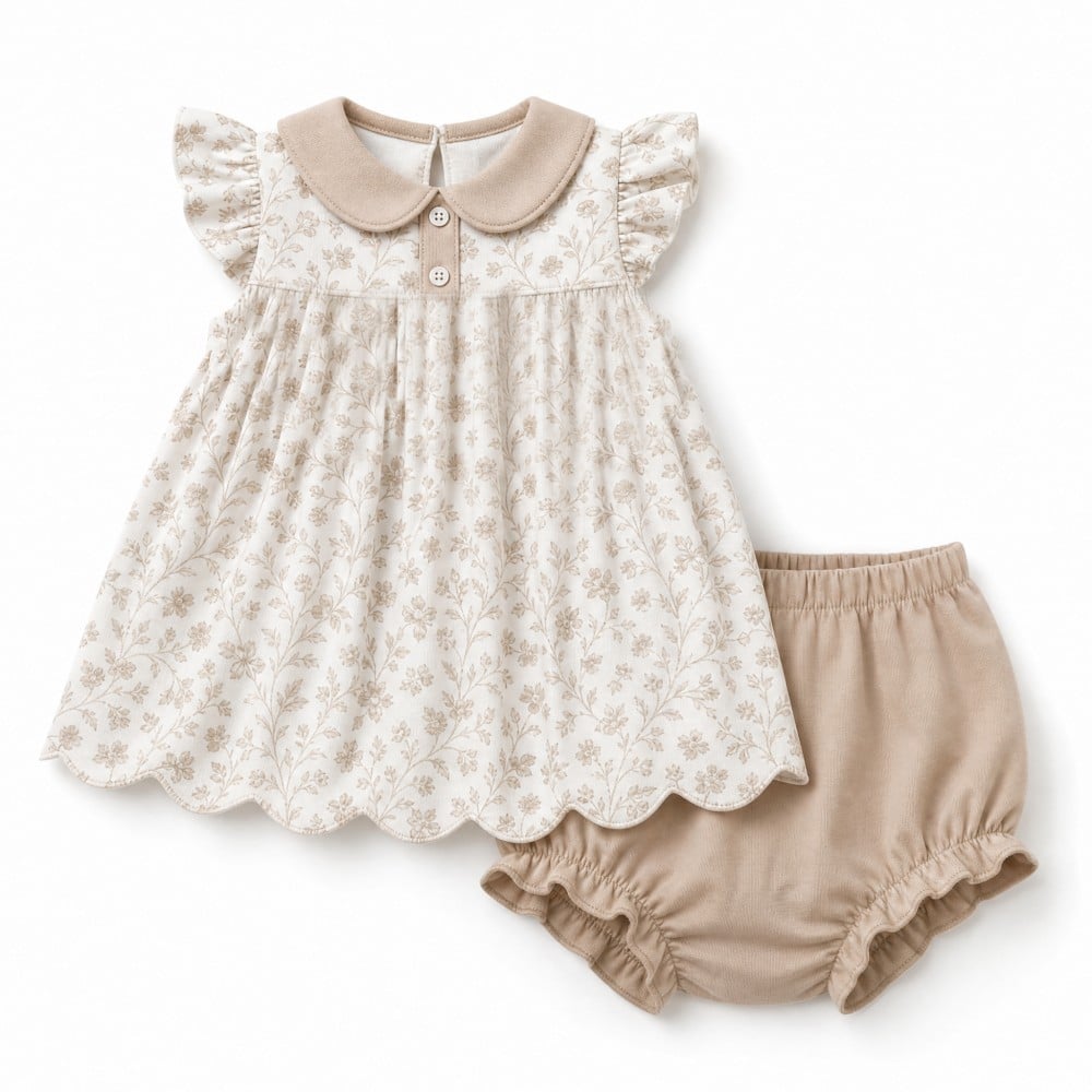 Floral Print Peter Collar Bloomer Short Scallop Girls Clothing Set