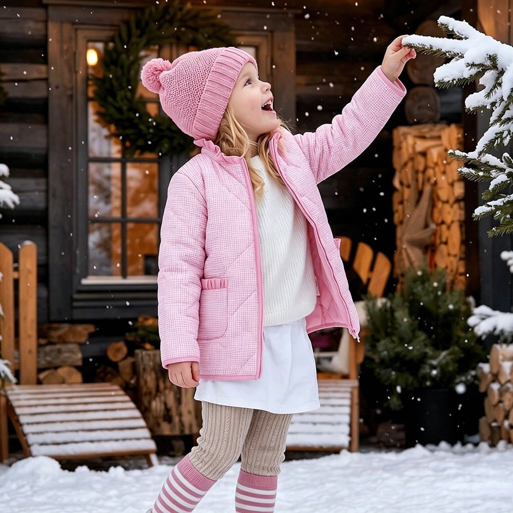 Girls Gingham Quilted Jacket Ruffle Collar Zipper Lightweight Warm Winter Coat