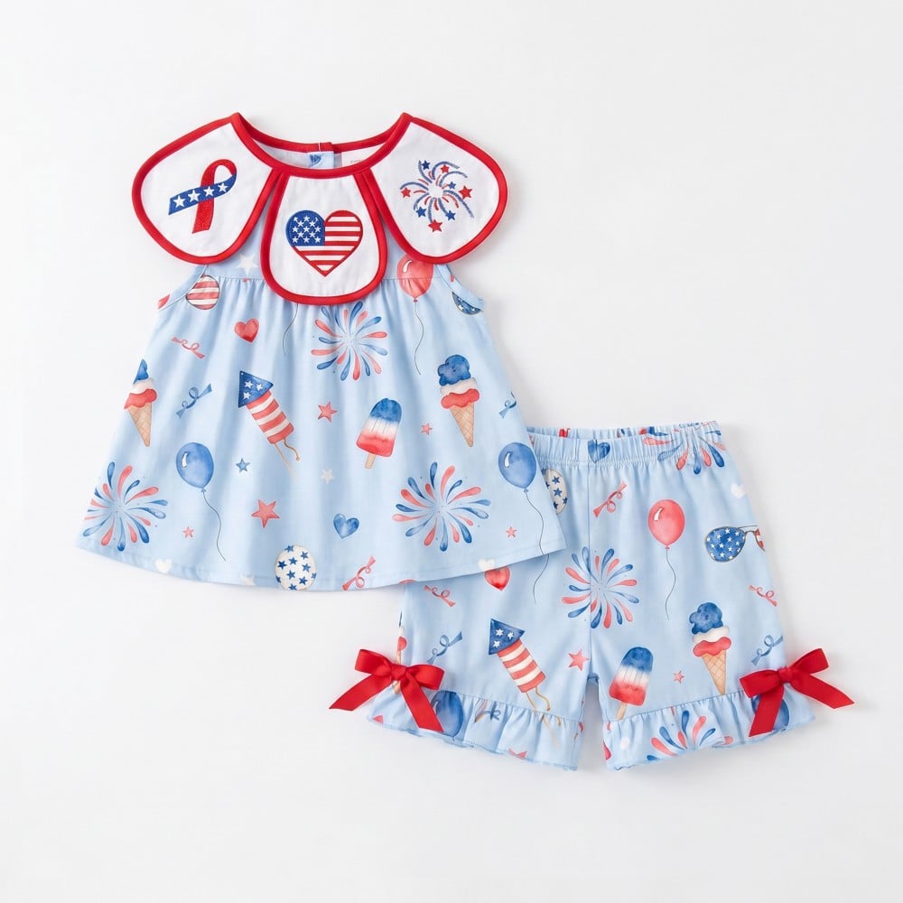 4th of July Petal Collar 100% Cotton Embroidery Girls Clothing Set