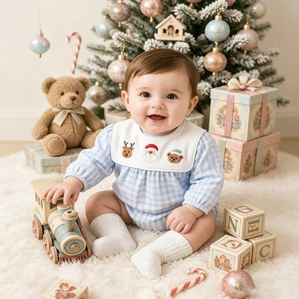 Christmas Embroidered Bib Collar Blue Gingham Baby Boy Bubble Romper