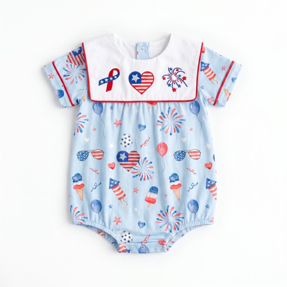 4th of July Print 100% Cotton Embroidered Baby Boy Bubble Romper